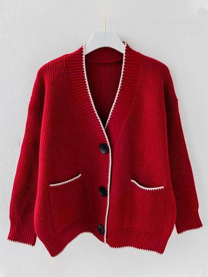 Dames gros tricot cardigan avec décolleté en V profond et poches pratiques Chic und Stil
