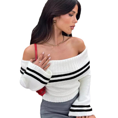 Dames Off-Shoulder Crop-Pullover avec des rayures décontractées Chic und Stil
