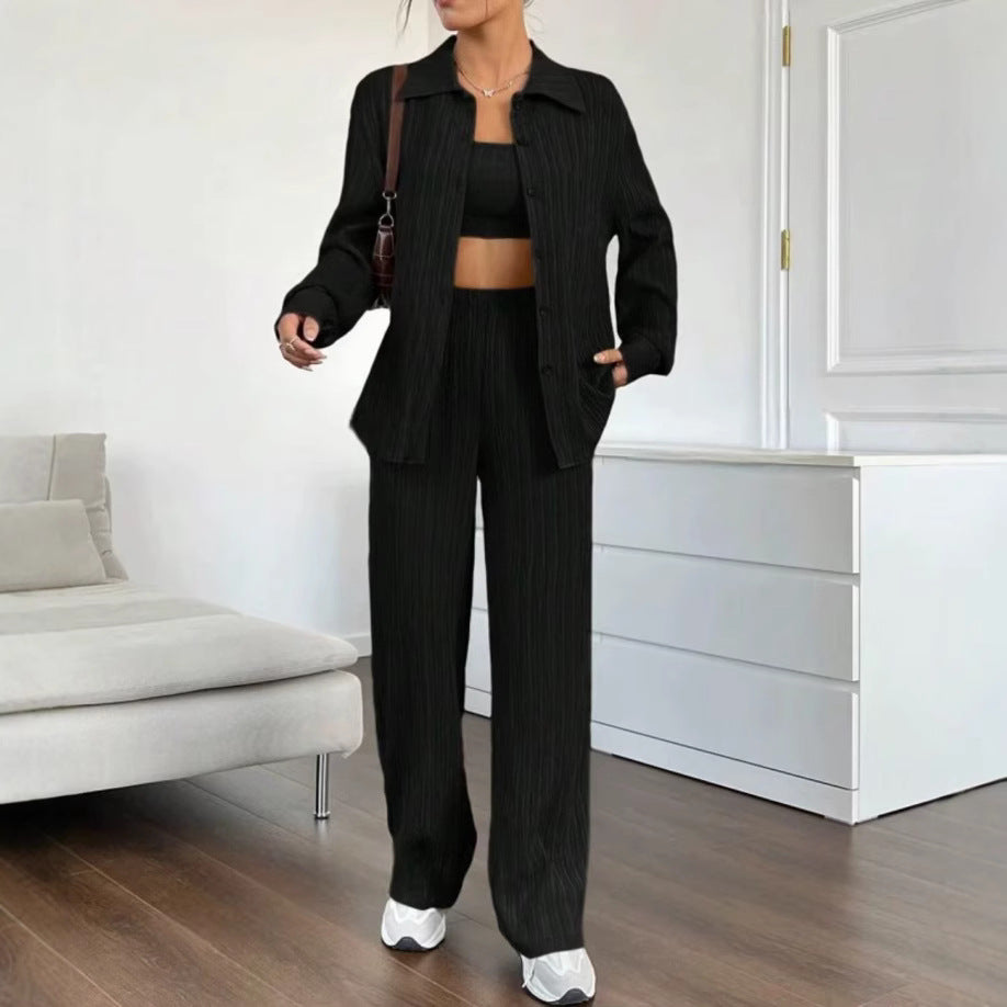 Dames Élégant Ensemble en blouse rayée et pantalon décontracté Chic und Stil