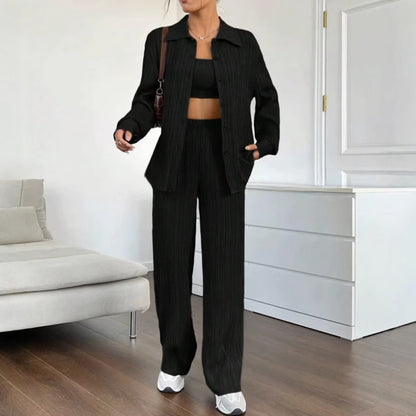 Dames Élégant Ensemble en blouse rayée et pantalon décontracté Chic und Stil