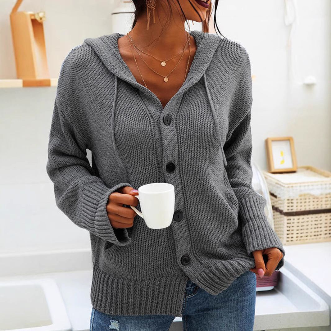 Dames gros tricot cardigan avec capuche et gros boutons Chic und Stil
