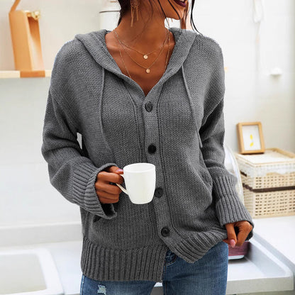 Dames gros tricot cardigan avec capuche et gros boutons Chic und Stil