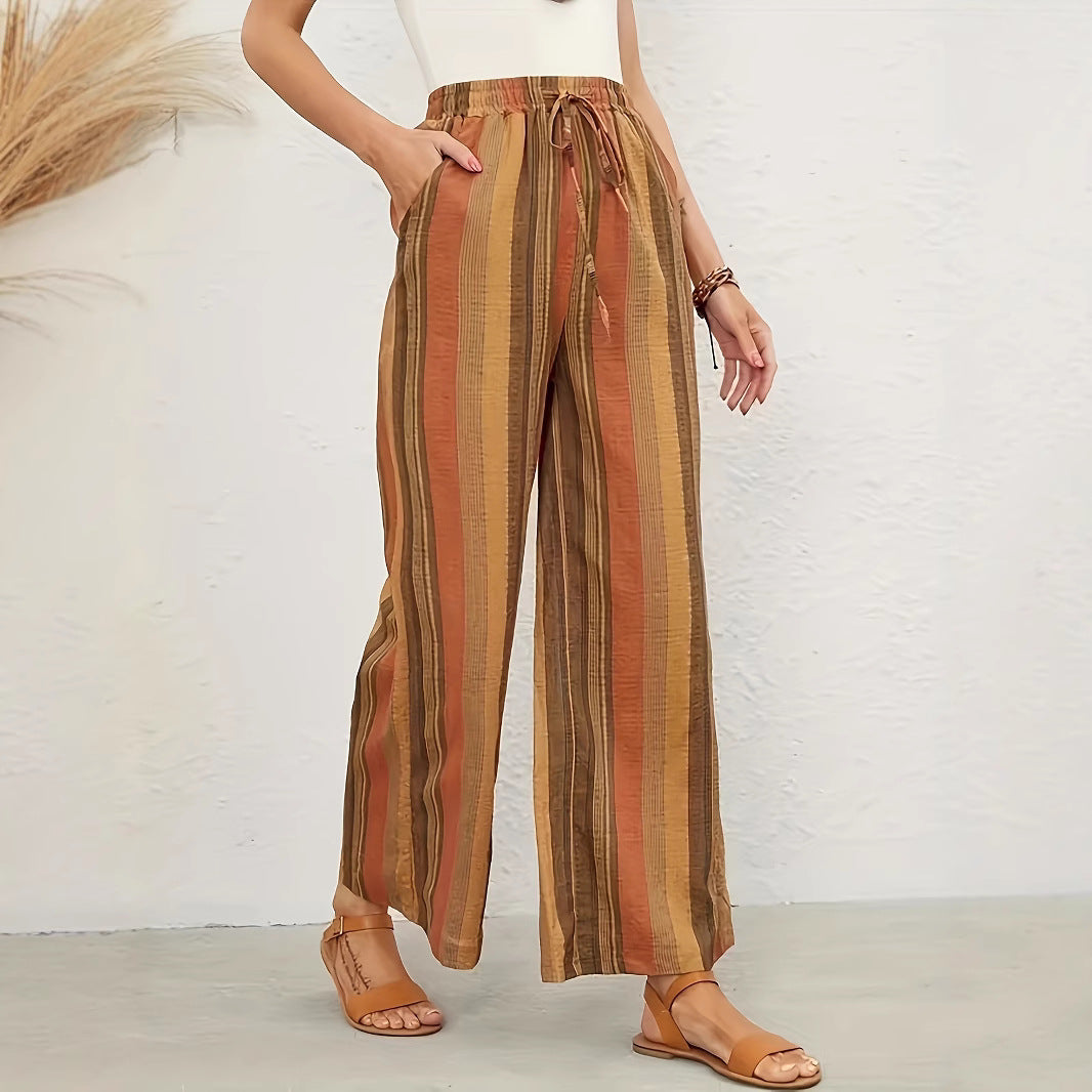 Wide striped pants for women with elastic waist and practical tie belt Chic and Style