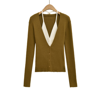 Dames élégant cardigan en tricot avec décolleté en V profond et doublure contrastante Chic und Stil