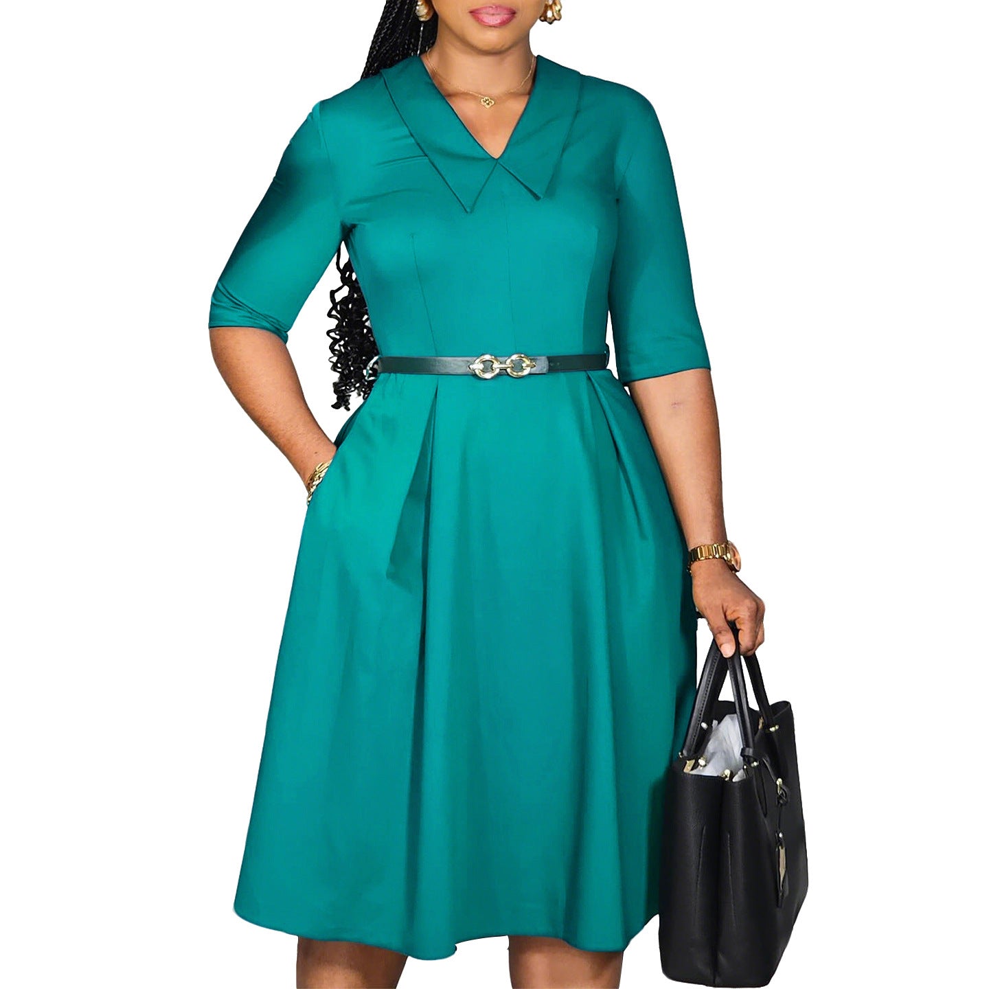 Robe skater élégante pour femmes avec col et ceinture à la taille Chic und Stil