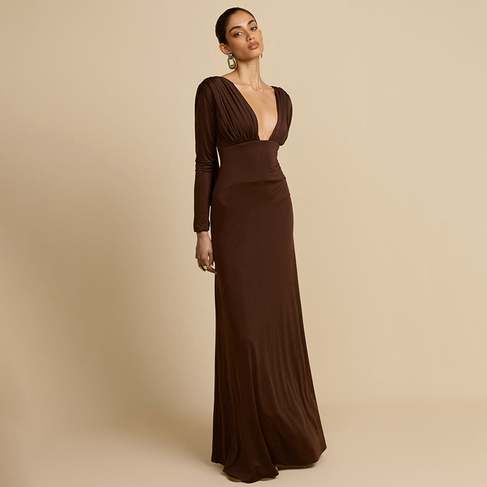 Robe maxi élégante pour femmes avec décolleté en V profond et manches longues Chic und Stil