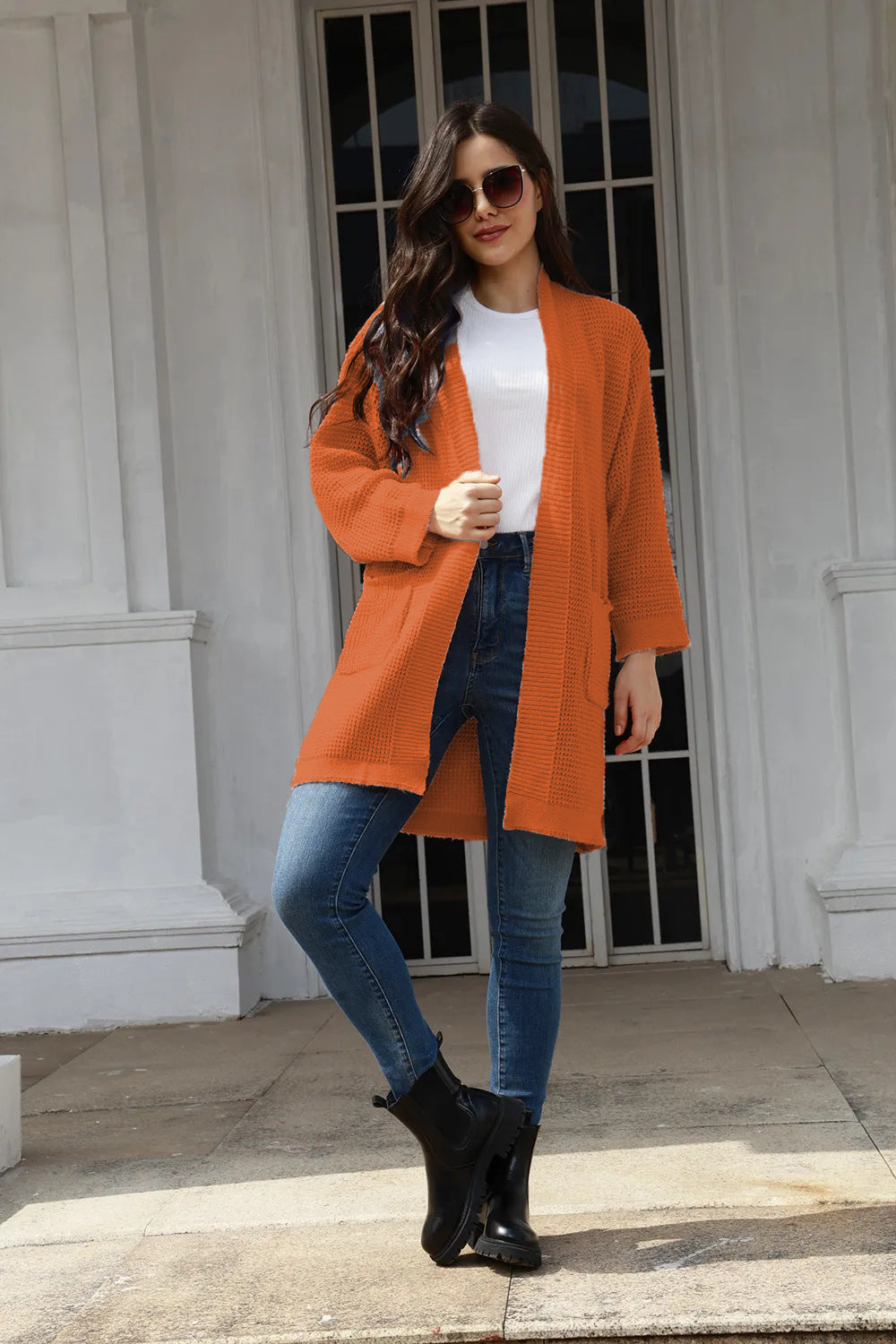 Cardigan en maille décontracté pour femmes avec poches ouvertes et motif gaufré moderne Chic und Stil