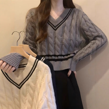 Pull en tricot à col en V et motif en relief pour dames Chic und Stil