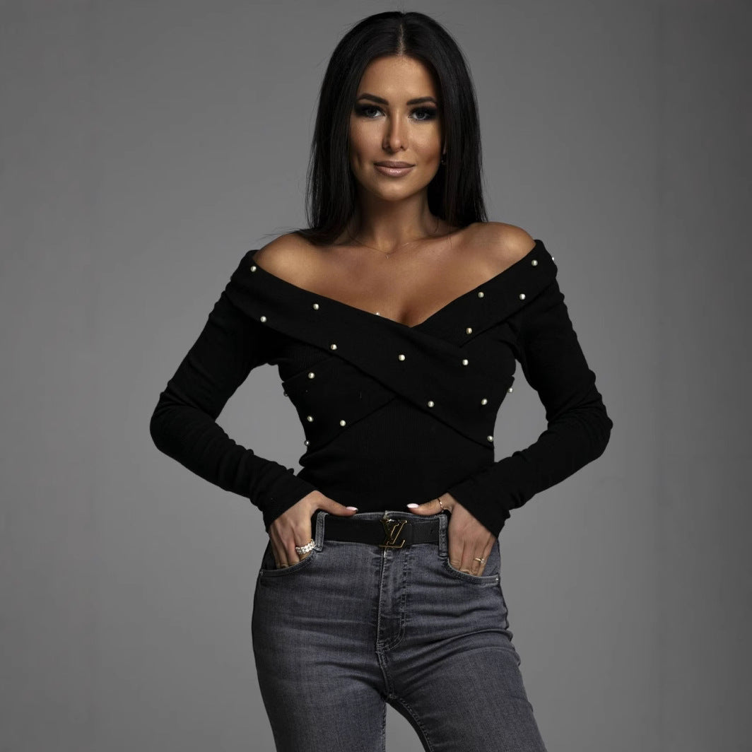 Dames haut off-épaule avec embellissement en perles et design drapé raffiné Chic und Stil