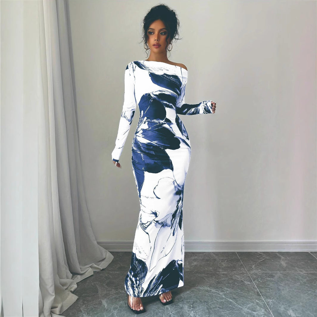 Dames Élégant Robe Maxi avec décolleté asymétrique et design floral Chic und Stil