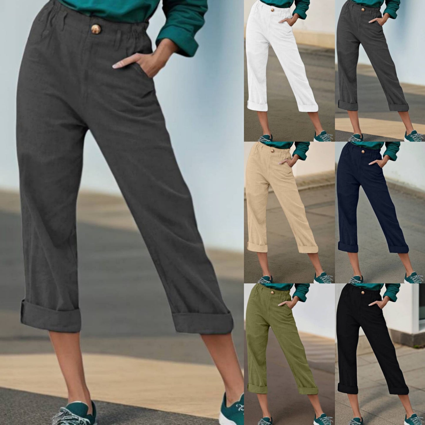 Elegant linen pants for women with wide legs and turned-up hem Chic und Stil