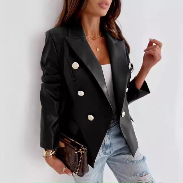 Blazer élégant en simili cuir pour femmes avec double rangée de boutons Chic und Stil