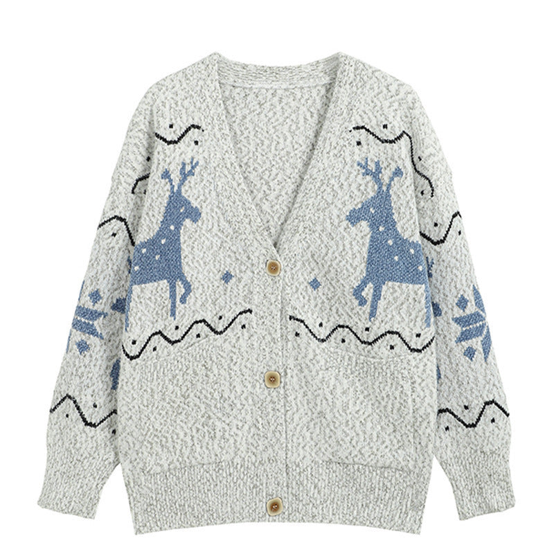Ladies Comfortable Pullover with Reindeer Pattern and Pockets Chic and Style
