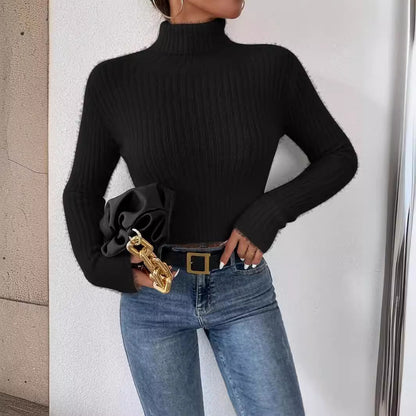 Dames pull fin en tricot avec col montant et design à côtes moderne Chic und Stil