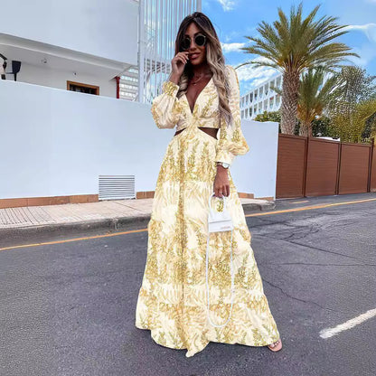 Robe maxi pour dames avec un élégant décolleté en V et un ourlet volanté ludique Chic und Stil