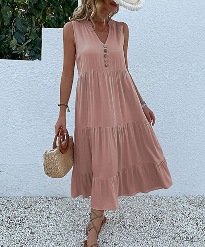 Robe maxi sans manches à volants pour femmes avec détail bouton Chic und Stil