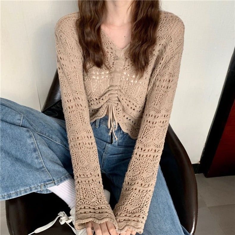 Pull en crochet aéré pour femmes avec cordon de serrage et coupe large Chic und Stil