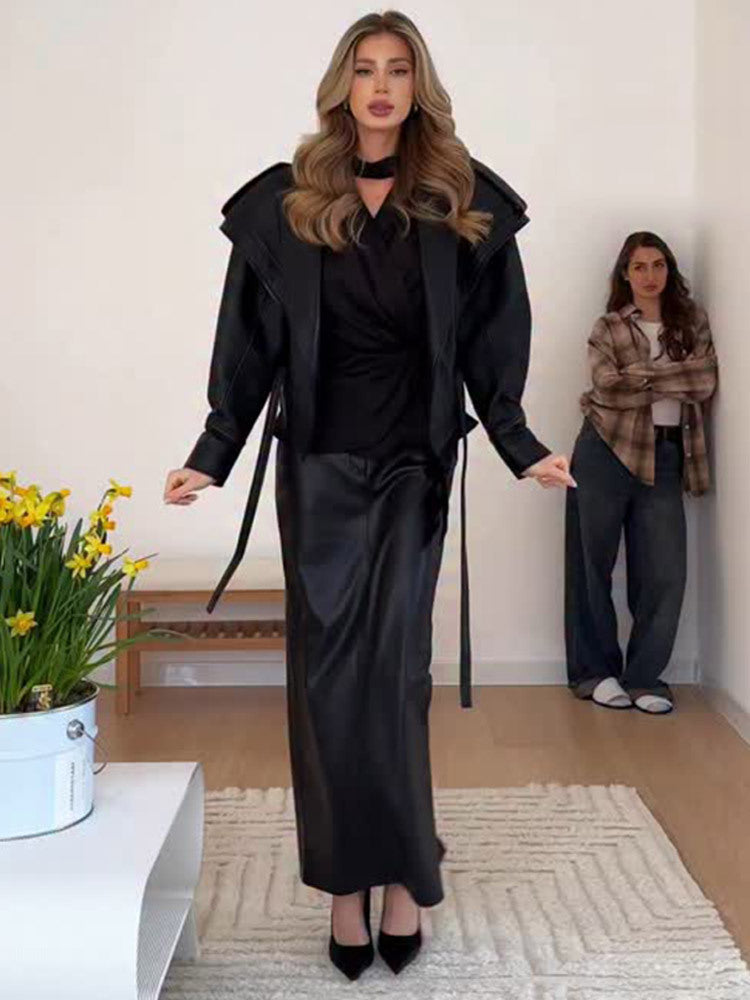 Dames élégante veste en simili cuir avec des manches volumineuses Chic und Stil