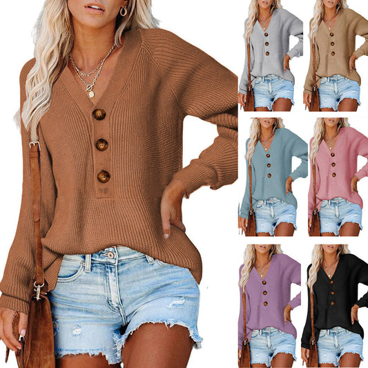 Pull en tricot pour dames avec détails de boutons et décolleté en V plongeant Chic und Stil