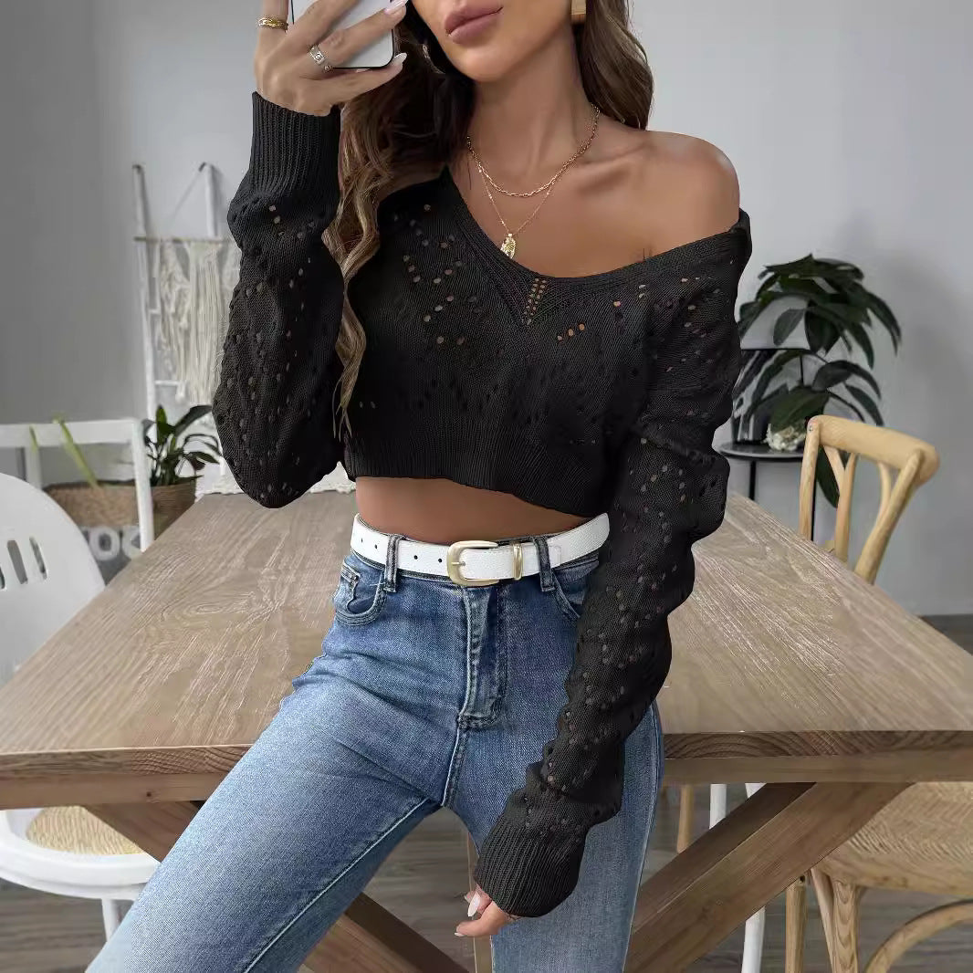 Pull à col en V en tricot pour femmes coupé court Chic und Stil