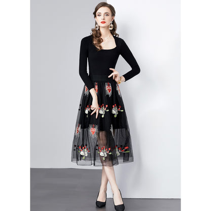 Dames Élégante Robe Midi Brodée Chic und Stil