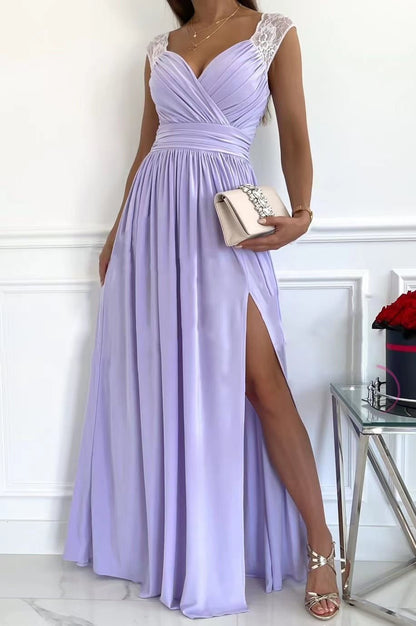 Robe maxi élégante pour femmes avec des manches en dentelle et une fente latérale Chic und Stil