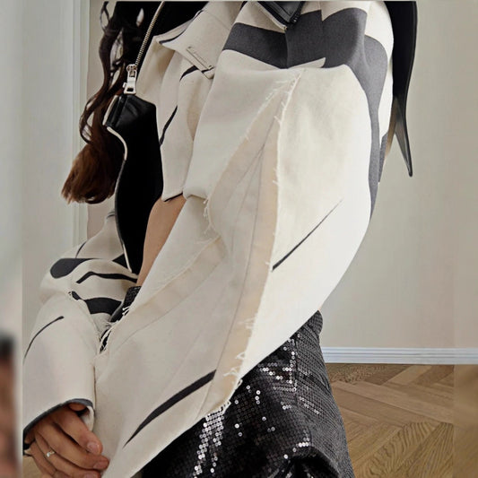Ladies Cropped Fashion Jacket with Geometric Design and Chic Faux Leather Details and Style