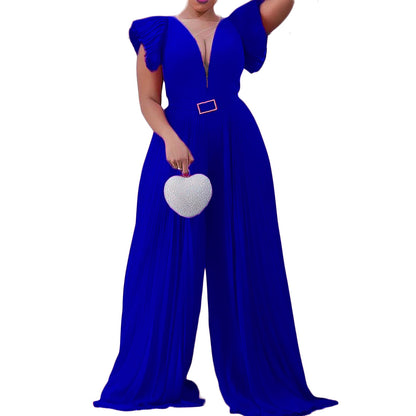 Ladies Pleated Pants with Deep V-neck and Fitted Belt Chic and Style