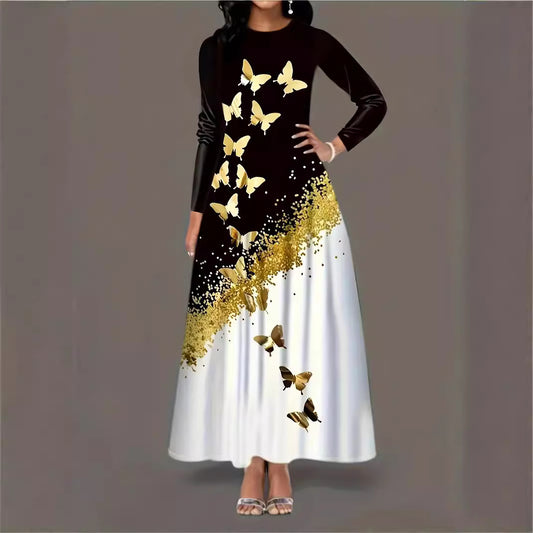 Robe maxi pour femmes avec un motif de papillon élégant et un accent doré étincelant Chic und Stil