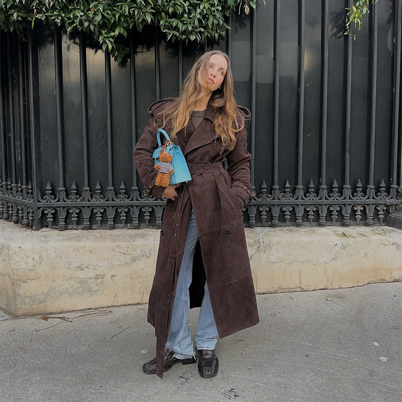 Dames élégant long trench coat en daim doux Chic und Stil