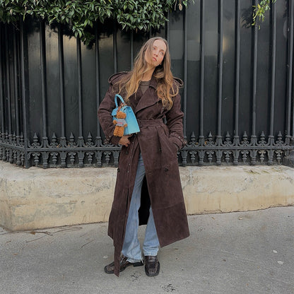 Dames élégant long trench coat en daim doux Chic und Stil