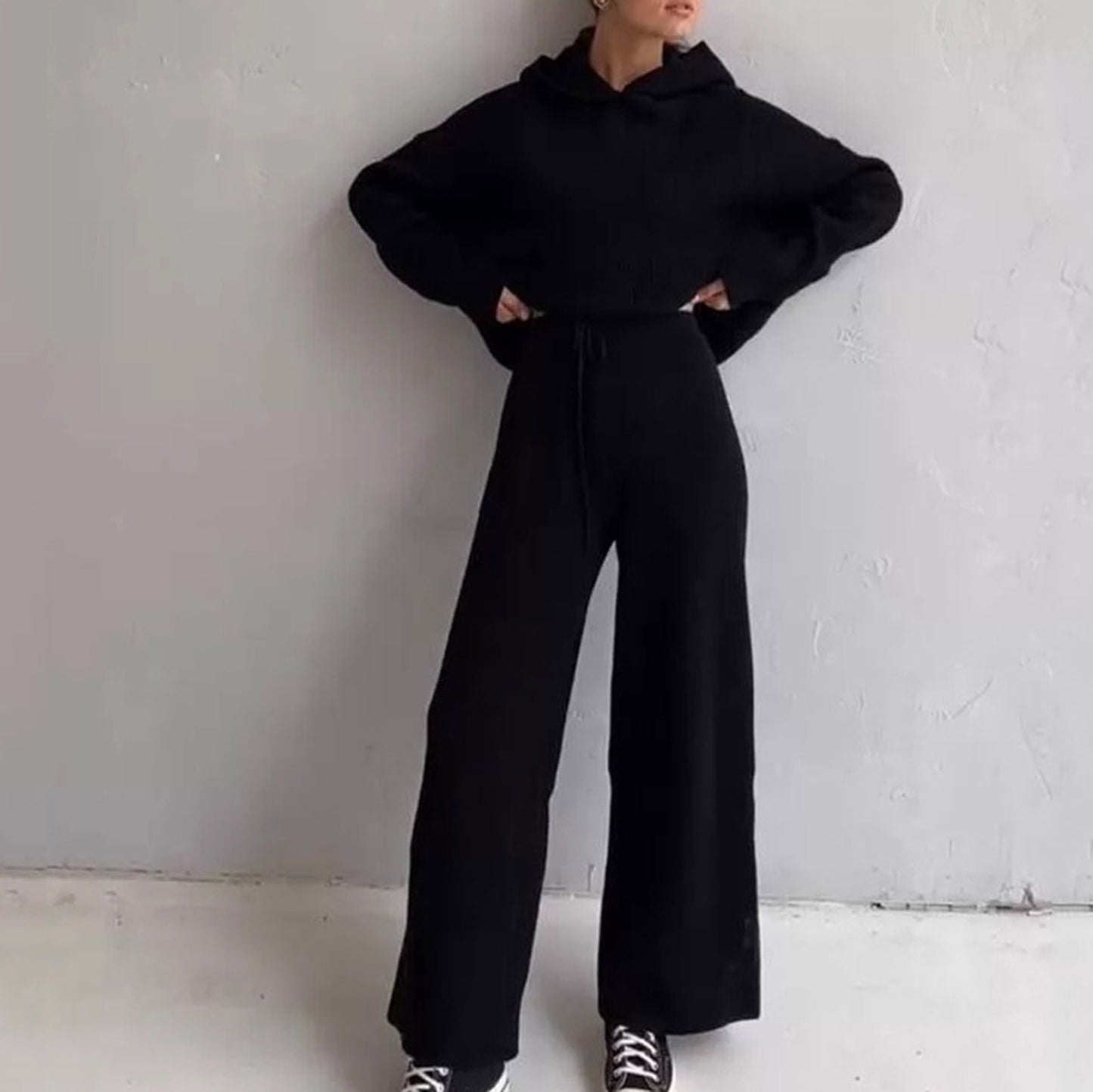 Casual knitted set for women with oversized hoodie and wide pants Chic and Style