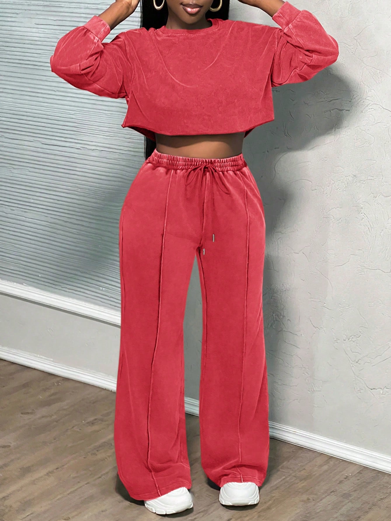 Dames décontracté ensemble Lounge cropped avec pantalons amples et cordon pratique Chic und Stil