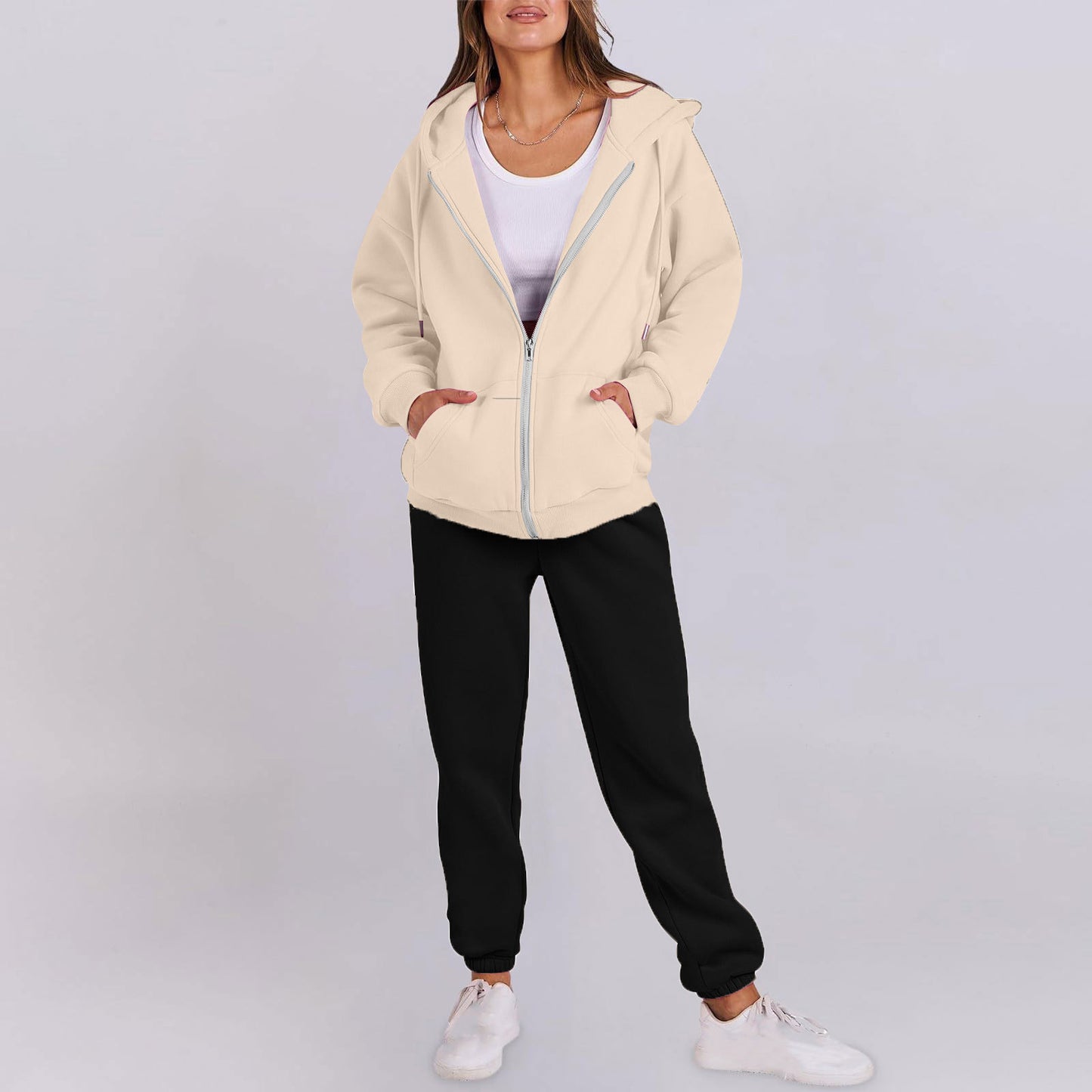 Women's casual zip-up hoodie with a comfortable fit and chic jogger pants