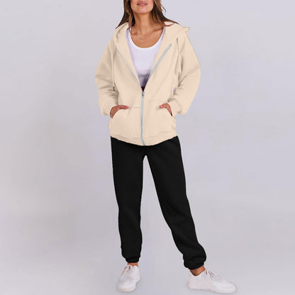 Women's casual zip-up hoodie with a comfortable fit and chic jogger pants
