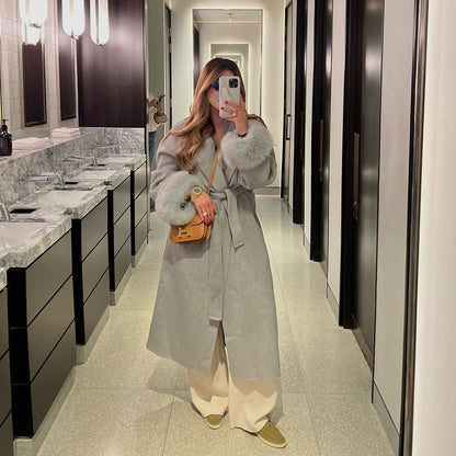 Dames Élégante Manteau Long avec Manches En Fourrure Amovibles Chic und Stil