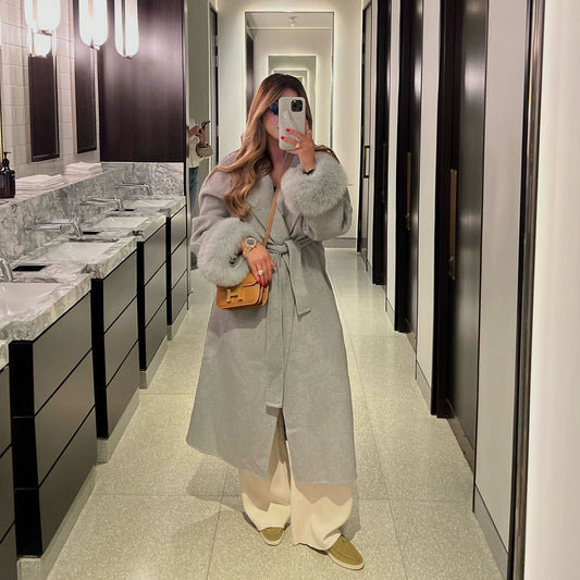 Dames Élégante Manteau Long avec Manches En Fourrure Amovibles Chic und Stil