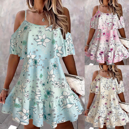 Dames Floral Off-Shoulder Volant Mini Robe Chic und Stil