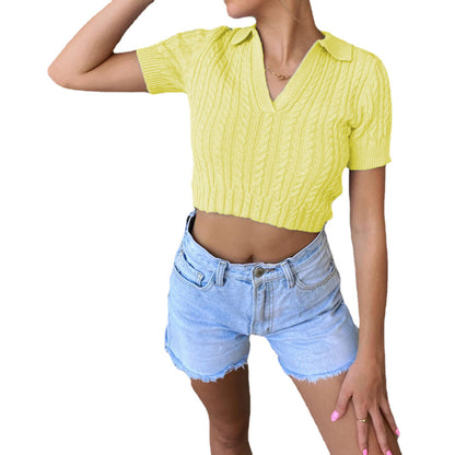 Pull court à manches courtes pour dames avec décolleté en V et structure en câble élégante Chic und Stil