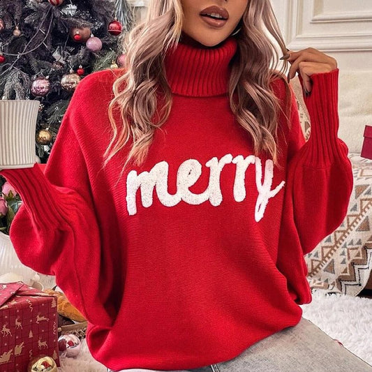 Pull à col roulé surdimensionné pour femmes avec inscription festive Chic und Stil