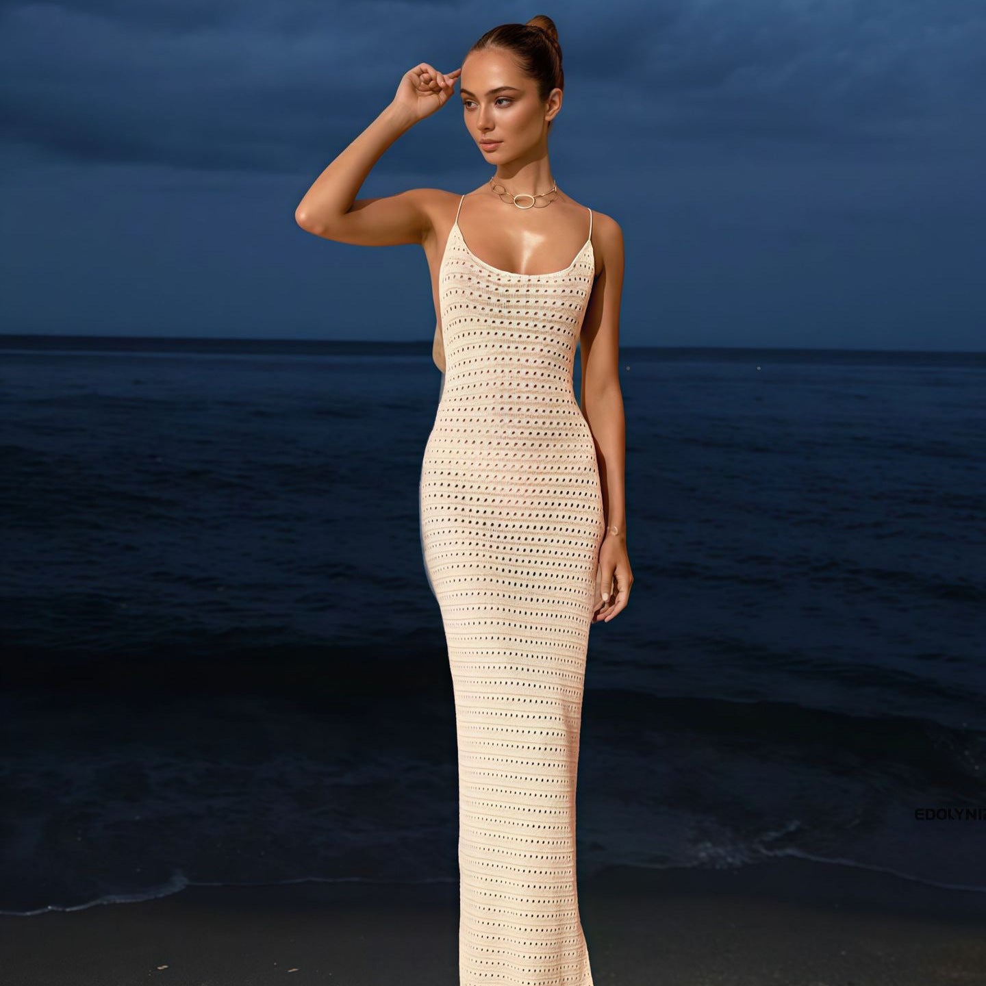 Robe maxi en tricot élégante pour femmes avec motif en losanges transparent