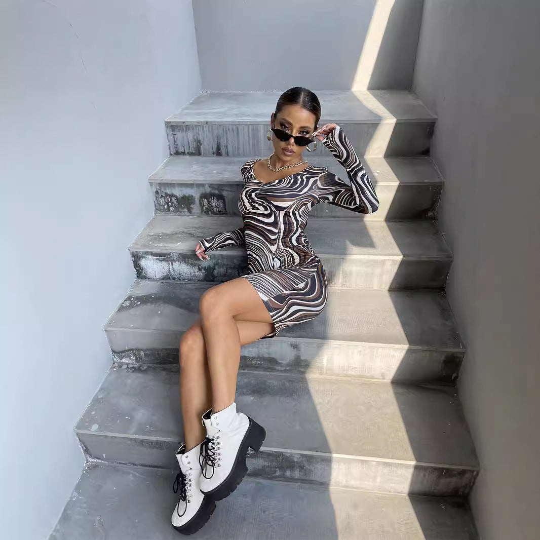 Women's Long Sleeve Abstract Print Mini Dress Chic and Style
