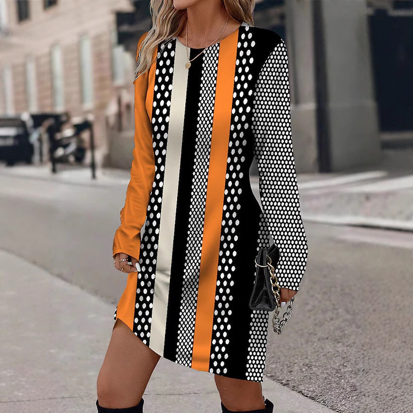 Robe longue à manches longues pour femmes avec motif graphique à rayures et design ponctuel Chic und Stil