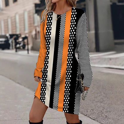 Robe longue à manches longues pour femmes avec motif graphique à rayures et design ponctuel Chic und Stil