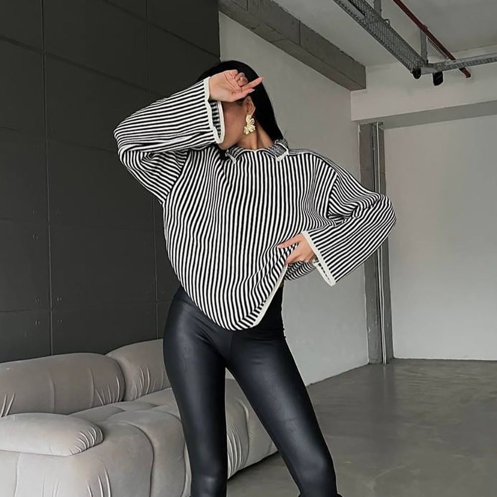 Pull en tricot pour dames avec un col montant décontracté et des rayures élégantes Chic und Stil
