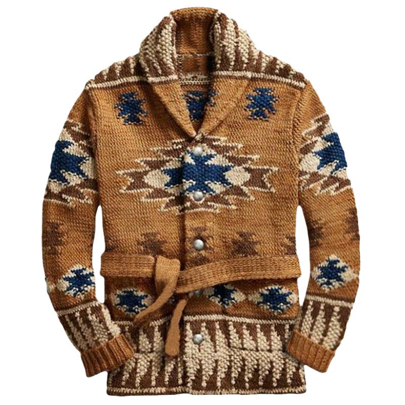 Knit jacket for women with an impressive geometric pattern and an integrated belt Chic and Style