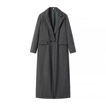 Women elegant long striped blazer with double-breasted buttons and side pockets Chic and Style