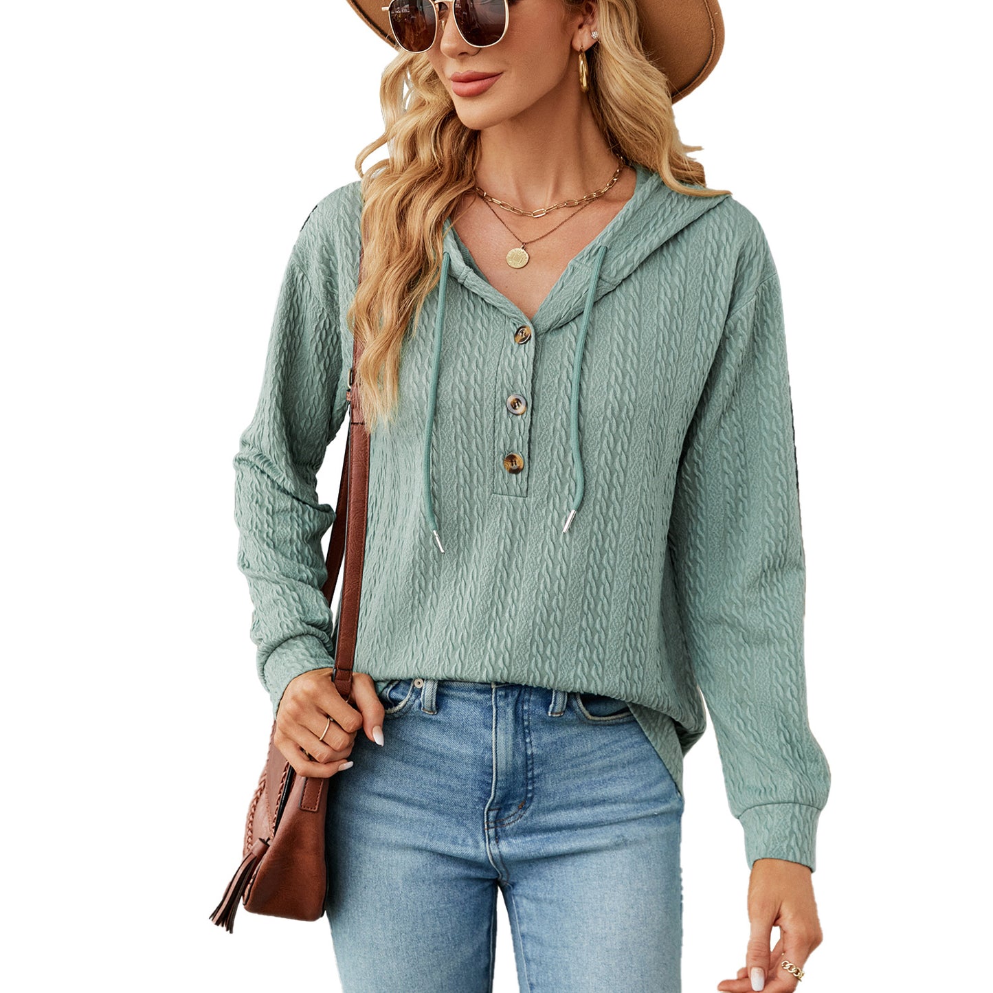 Pull à capuche décontracté pour femmes avec surface texturée et détails de boutons Chic und Stil