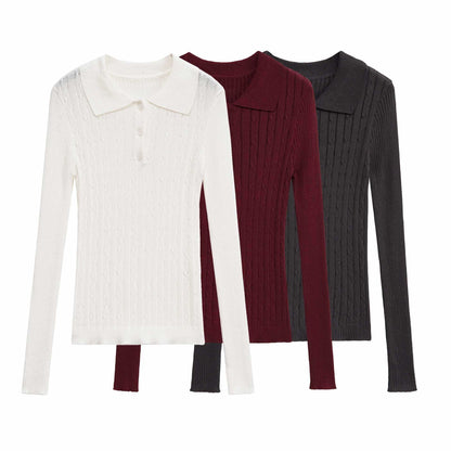 Ladies long sleeve polo sweater trendy with structured ribbed design Chic and Style