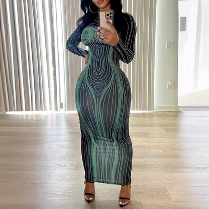 Robe maxi à manches longues pour femmes avec structure de lignes sculptante Chic und Stil